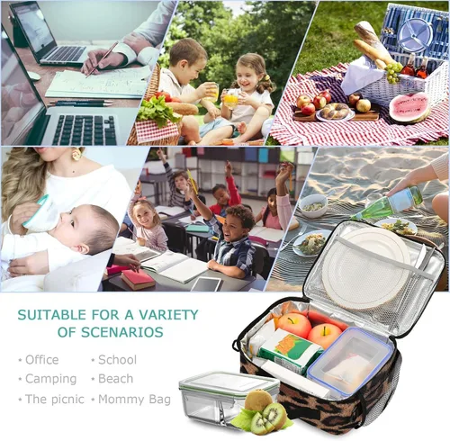 Vista 7 de Fiambrera aislada, suave, bolsa de almuerzo con estampado de leopardo para oficina, trabajo, escuela, picnic, playa