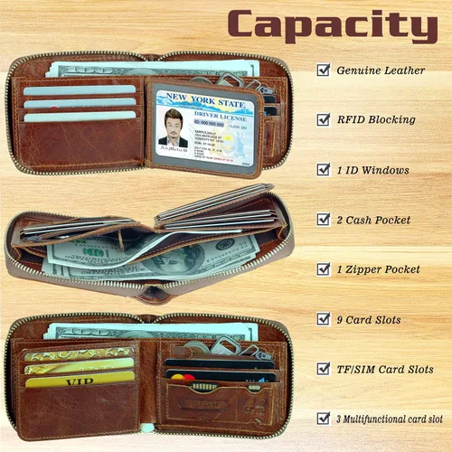 Vista 39 de Admetus Billeteras con bloqueo RFID para hombre, billetera de cuero con cremallera para hombres con tarjetero RFID plegable