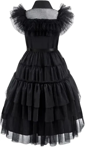 Vista 2 de Zalongye Disfraz negro para niñas, disfraz de familia negro, disfraz de Halloween, vestido de fiesta para niñas de 4 a 13 años