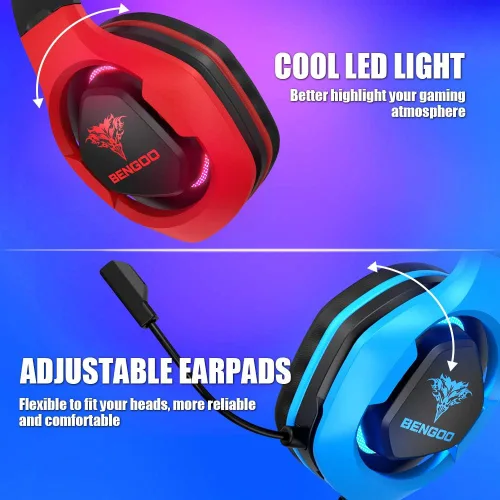 Vista 3 de BENGOO G9500 - Auriculares para juegos para PS4 Xbox One PC Controller auriculares sobre la oreja con micrófono de cancelación de ruido de 720 luz