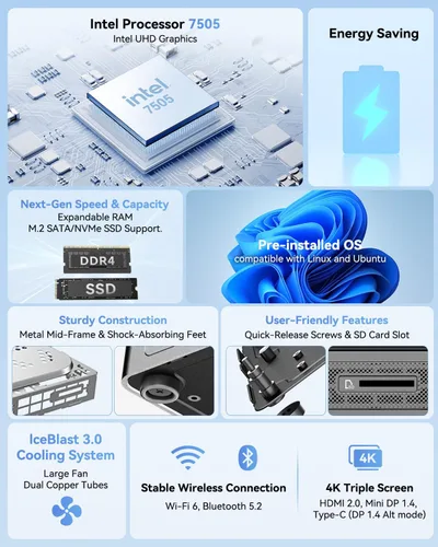 Vista 2 de Mini PC GEEKOM Air12, Intel 7505 (Beats N5095), RAM de doble ranura de 8 GB Negro