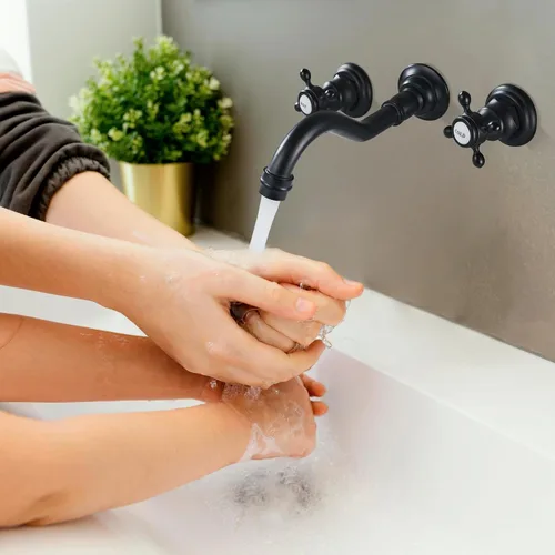 Vista 9 de Midanya Grifo de fregadero de baño extendido para montaje en pared, 3 agujeros, 2 pomos cruzados, latón lavabo mezclador, boquilla mezcladora, doble