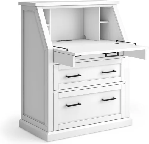 Vista 3 de Modern Wood Drop-Lid Secretary Desk, Fully Assembled, White