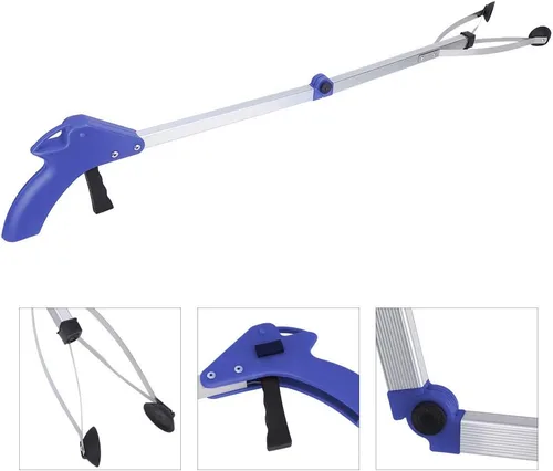 Vista 8 de Omabeta Recogedor de basura, herramienta plegable para agarrador de basura largo y práctico, ventosas para residuos de hojas de jardín (mango azul)