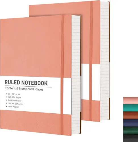 Vista 8 de RETTACY Cuaderno rayado, 2 paquetes, 204 páginas numeradas por paquete, B5 mediano 17.6 x 25 cm, tapa blanda de cuero, papel grueso de 100 g/m²