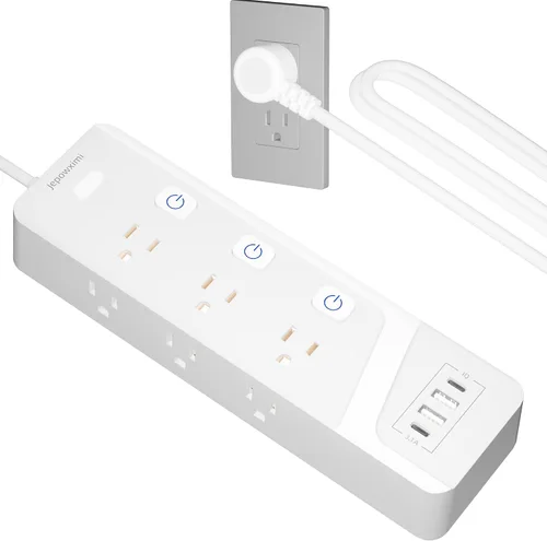 Vista 9 de Regleta protectora contra sobretensiones con interruptores individuales, 6 tomas de corriente ampliamente espaciadas con 2 USB C y 2 USB A, cable