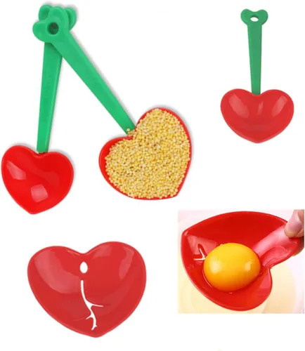 Vista 6 de Cucharas medidoras de cereza, 2 cucharaditas medidoras de plástico con forma de corazón, juego de cucharas medidoras de plástico para líquidos