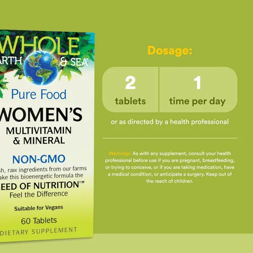 Vista 3 de Whole Earth & Sea de Natural Factors, Multivitamínico y mineral para mujeres, suplemento de alimentos integrales, vegano, 60 tabletas (30 porciones)