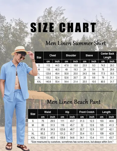 Vista 7 de COOFANDY Conjunto de 2 piezas de lino para hombre, conjunto de camisa y pantalón con botones para la playa