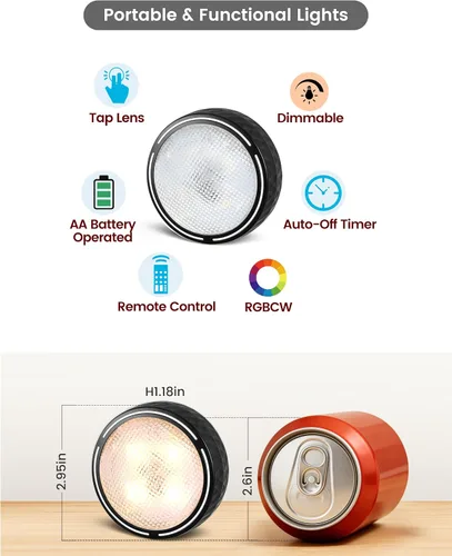 Vista 9 de Luces LED de disco con control remoto, luces inalámbricas de armario que funcionan con pilas, luces debajo del gabinete, luces de empuje, luces que