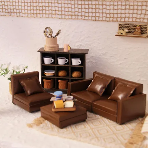 Vista 11 de Sofá miniatura de gamuza a escala 1:12 y 1:8 con 3 almohadas, mini sofá beige para muñecas de 5 a 9 pulgadas, muebles de casa de muñecas, decoración