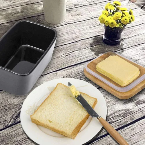 Vista 6 de Mantequillera con tapa y cuchillo, recipiente de cerámica para mantequilla con tapa de bambú para encimera, platos de mantequilla más grandes