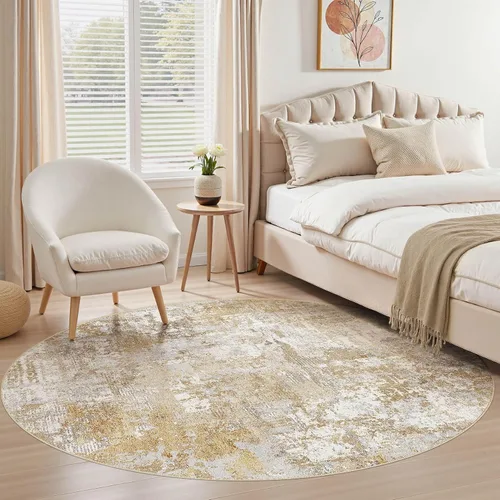Vista 2 de Tortania Alfombra redonda lavable de 5 pies para sala de estar: Alfombra moderna abstracta neutra grande suave y delgada – Alfombra antideslizante