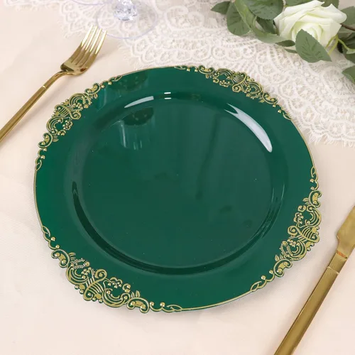 Vista 26 de Paquete de 10 platos redondos de plástico barroco dorado de 8 pulgadas para ensalada de postre, vajilla desechable con borde dorado en relieve