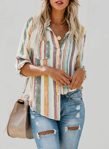Vista 5 de Astylish Blusa con botones y manga enrollable, cuello en V, a rayas, para mujer