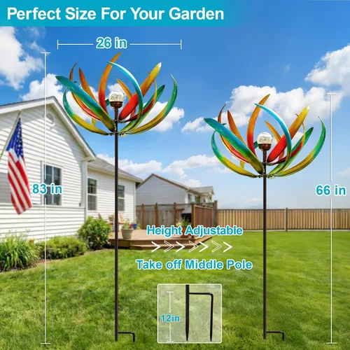 Vista 5 de Molinillo de viento solar grande de 83 pulgadas para exteriores, escultura de flor de tulipán de metal con bola de vidrio LED multicolor, arte