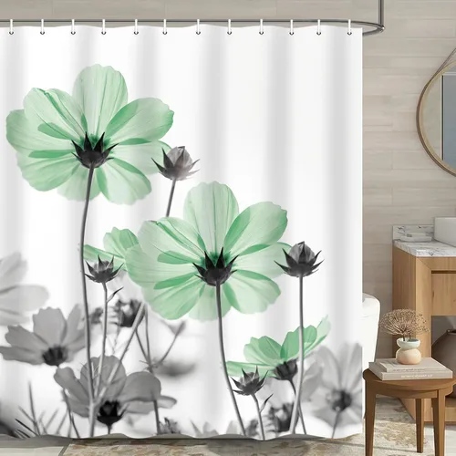 Vista 32 de MERCHR Cortina única floral azul para decoración de baño, cortina de ducha estilo granja con flores de margarita azul y gris elegantes y diseño