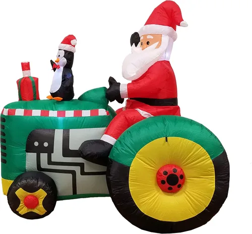 Vista 5 de Decoración inflable para jardín de Papá Noel en tractor con pingüino, 5.3 pies de altura