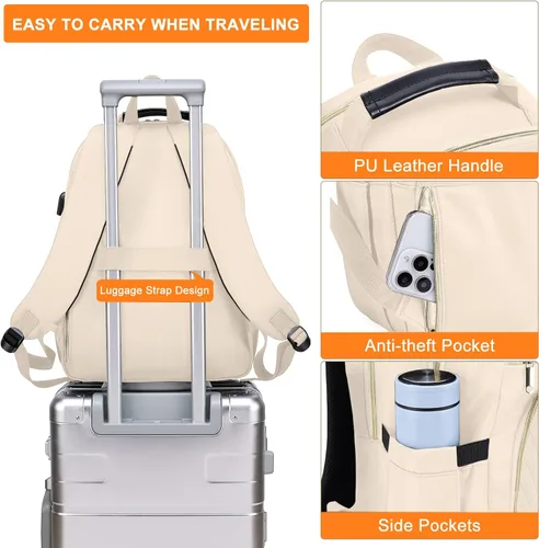 Vista 5 de Mochila de almuerzo para mujer, resistente al agua, bolsa de almuerzo aislada, mochilas para laptop de 15.6 pulgadas con puerto USB, mochila