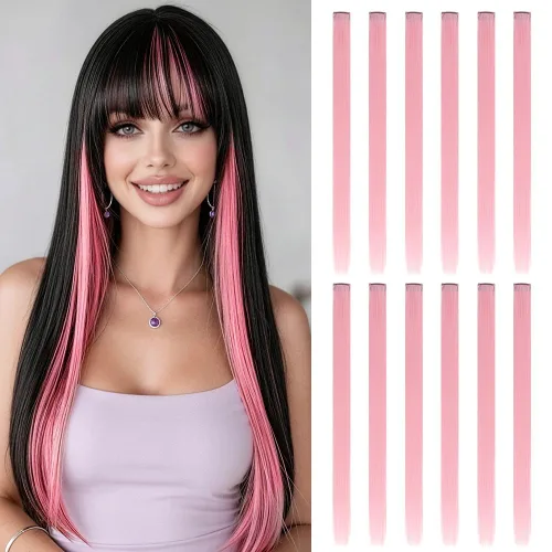 Vista 13 de 20 extensiones de cabello con clip de colores para niñas, extensiones de cabello arcoíris multicolor de 20 pulgadas, reflejos instantáneos, piezas A