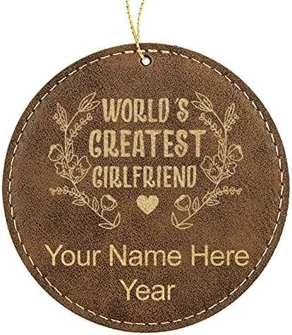 Vista 6 de LaserGram Personalized Christmas Ornament, World's Greatest Girlfriend, Faux Leather, Custom Laser Engraved Gift Idea (Round Shape, Black with Gold)