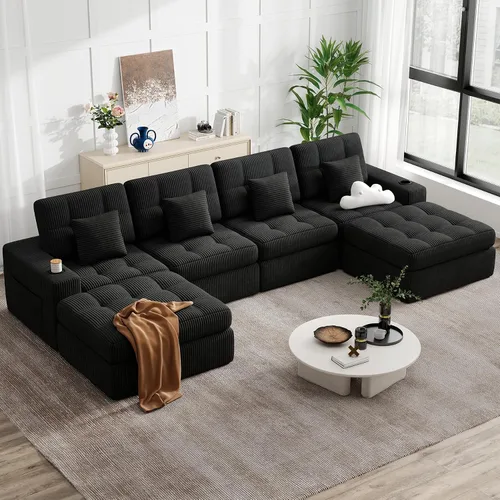 Vista 14 de Sofá modular sin hueso de nube de 112 pulgadas en forma de L, moderno sofá modular con cojín en capas, sofás de pana convertibles sin montaje
