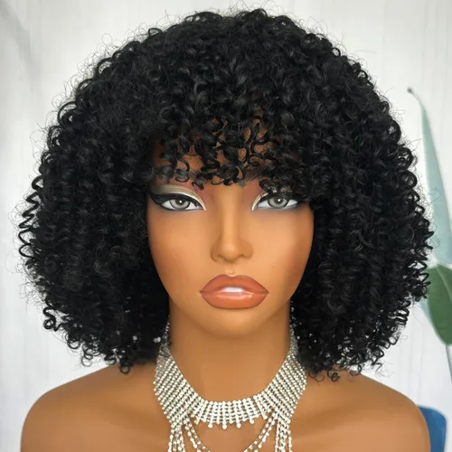 Vista 8 de SOKU Peluca de cabello corto rizado para mujeres negras, peluca corta rizada con flequillo, 10 pulgadas, rubia, resistente al calor, para mujer