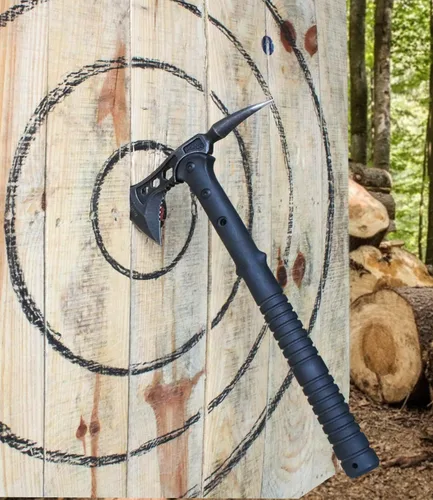 Vista 6 de Hacha de campamento, Tomahawk con pincho, hacha de supervivencia con funda, mango de fibra de nailon para supervivencia al aire libre, senderismo 1