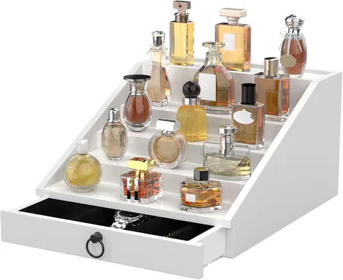 Vista 8 de upcessory Organizador de colonia de madera para hombres, estante mejorado de colonia de 4 niveles, organizador de perfumes con cajón forrado