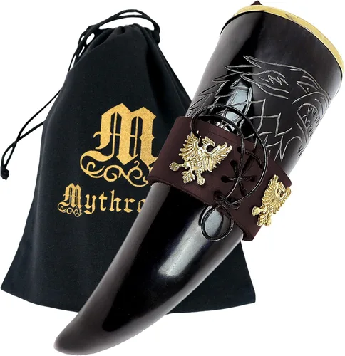 Vista 25 de Mythrojan Cuerno vikingo para beber 100% natural, auténtico, decoración de latón, cuerno nórdico con funda de cuero negro, bolsa de lona para vino