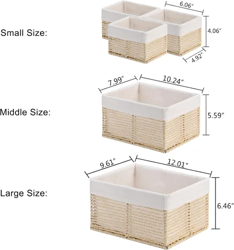Vista 2 de Vagusicc Cesta de almacenamiento de mimbre, cesta de cuerda de papel tejida a mano, cesta rectangular pequeña para organizar, contenedor de Beige