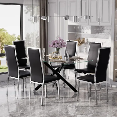 Vista 46 de Juego de mesa de comedor de cristal dorado moderno de 63 pulgadas para 6, juego de mesa de cocina rectangular de 7 piezas con patas de acero Negro
