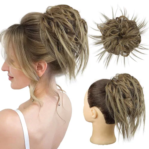 Vista 31 de HMD - Extensiones de cabello tipo chongo alborotado con rodelo despeinado, banda elástica de goma, extensiones de cabello sintético para mujer