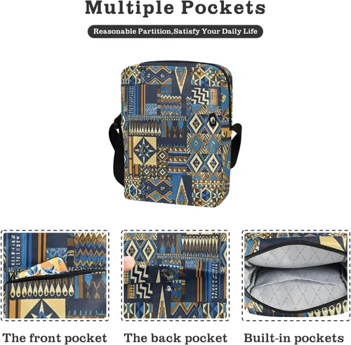 Vista 2 de Boho Gold Blue Vintage Texture messenger bag Shoulder Crossover Bag women's crossbody handbags Shoulder Handbags Adjustable Strap for work