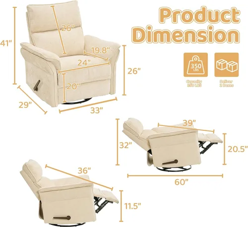 Vista 2 de Sillón reclinable giratorio de gran tamaño con reposacabezas ajustable, mecedora para guardería con reposabrazos sobrerelleno, silla reclinable Beige
