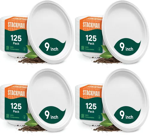 Vista 8 de Stack Man Platos de papel 100% compostables de 9 pulgadas, resistentes [paquete de 125] platos desechables ecológicos de bagazo blanco hechos