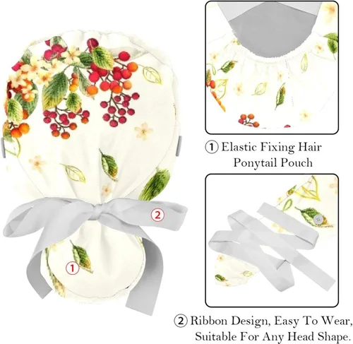 Vista 4 de 2 Packs Surgery Cap with Sweatband, Breathable Bouffant Hats Long Hair, Adjustable Nurse Scrub Caps Red Jujube Flower