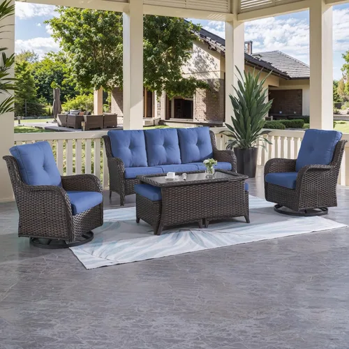 Vista 41 de HUMMUH Juego de 2 Sillas Giratorias Mecedoras de Mimbre para Patio Exterior, Juego de Muebles de Sillas Mecedoras de Ratán (Marrón, Azul) 50,000
