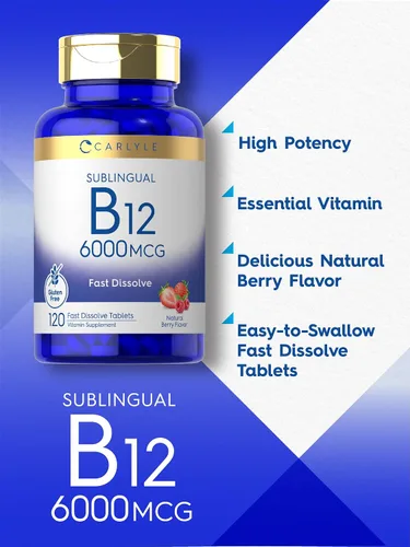 Vista 3 de Carlyle Vitamina B-12 6000mcg 120 tabletas de disolución rápida Sabor natural de bayas Cianocobalamina y metilcobalamina Suplemento