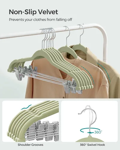Vista 9 de SONGMICS Paquete de 30 perchas para pantalones y 50 perchas para ropa, perchas de terciopelo con clips ajustables, antideslizantes y ahorran