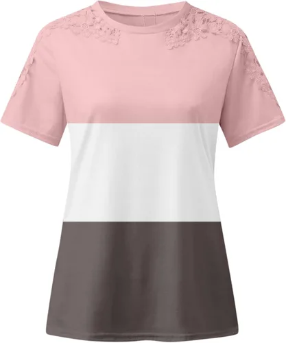 Vista 2 de Camisetas de primavera para mujer, de moda, con encaje, hueco, color sólido, cuello redondo, manga corta