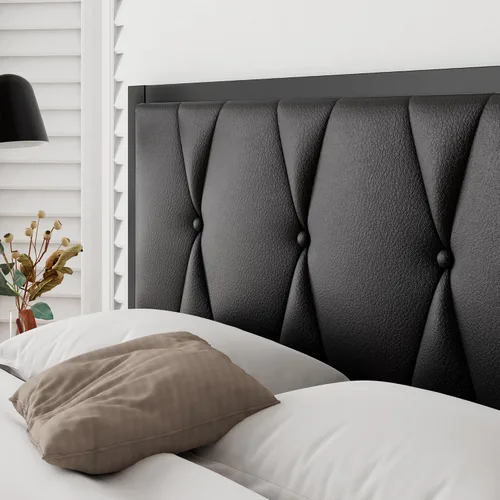 Vista 4 de iPormis Marco de cama tamaño matrimonial de metal, cama con cabecera tapizada con botones de piel sintética, soporte de listones resistentes, 30 cm