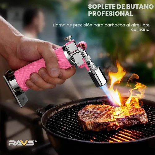 Vista 3 de RAVS Antorcha de Butano, Encendedor Antorcha de Metal Rosa con Llama Ajustable, Antorcha de Alimentos para Hornear, BBQ, Postres, Rellenos