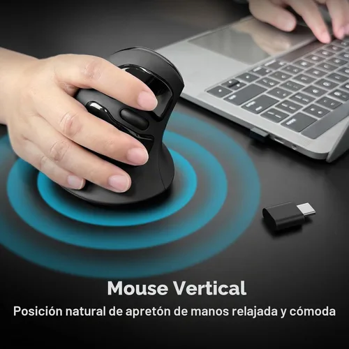 Vista 6 de MicroPack Ratón ergonómico, ratón inalámbrico vertical con USB A y receptor tipo C, diseño ergonómico que reduce la tensión muscular, ratón de 6