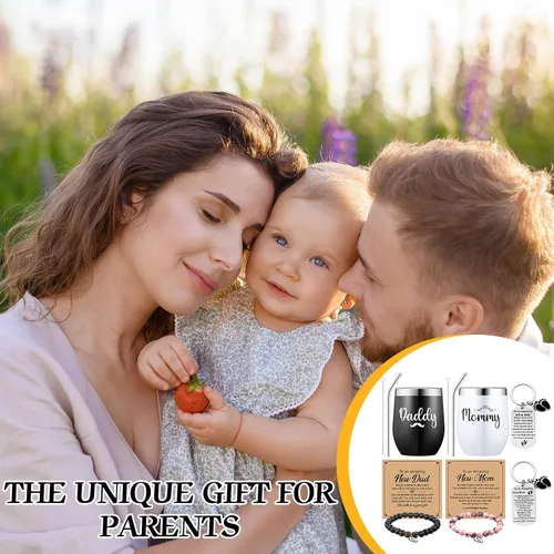 Vista 5 de Mifoci Regalos para nuevas mamás para embarazo, mujeres, nuevos padres, incluye juego de vasos para mamá y papá, llavero y pulsera de cuentas