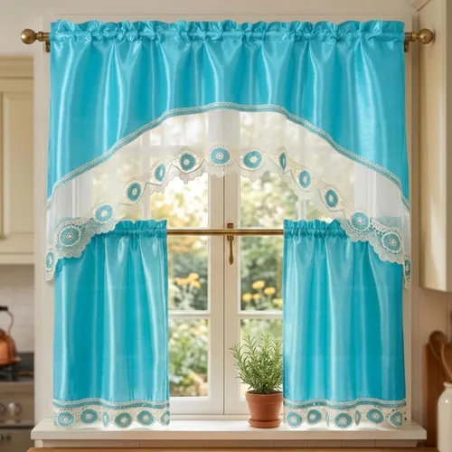 Vista 22 de YHSF Set de cortinas de cocina de 3 piezas con cenefa - Juego de cortinas de ventana de 2 niveles y cenefa con diseño de bolsillo para barra