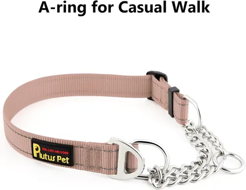 Vista 3 de Collar de perro Martingale de Plutus Pet con cadena de acero inoxidable y nylon reflectante, collar de entrenamiento ajustable sin tirón, para Beige