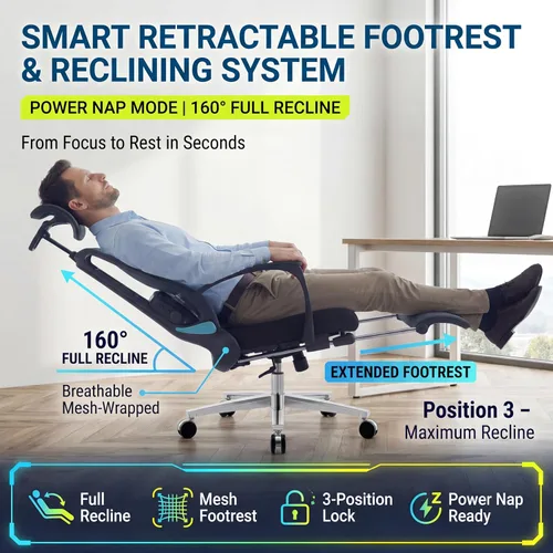 Vista 6 de Silla de oficina ergonómica con reposapiés y masajeador lumbar ajustable, respaldo alto, grande y alto, silla de escritorio con reposacabezas 5D
