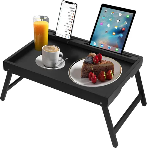 Vista 9 de Bandeja de cama con asas y patas plegables de bambú, bandeja de desayuno con ranura para medios, para usar como plato, escritorio para laptop