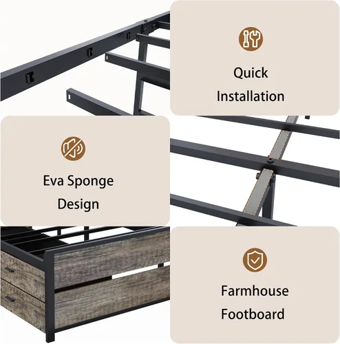 Vista 6 de Wood and Metal Bed Frame Queen Size, Platform Bed with 12 Storage Drawers Charging &Led Lights Headboard,Metal Slats,No Box Spring Needed,Noise-Free